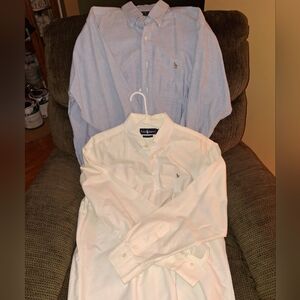 2 Vintage Men's Ralph Lauren Blue & White Shirts 16.5-35 Embroidered Great Cond.